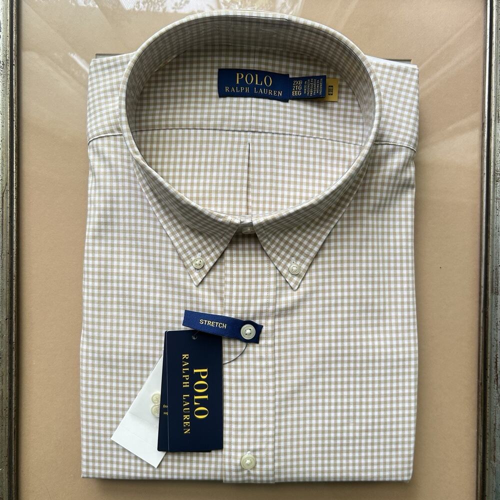 Polo Ralph Lauren Men Long Sleeve Beige White Button Down Shirt Pony Mens 2XB